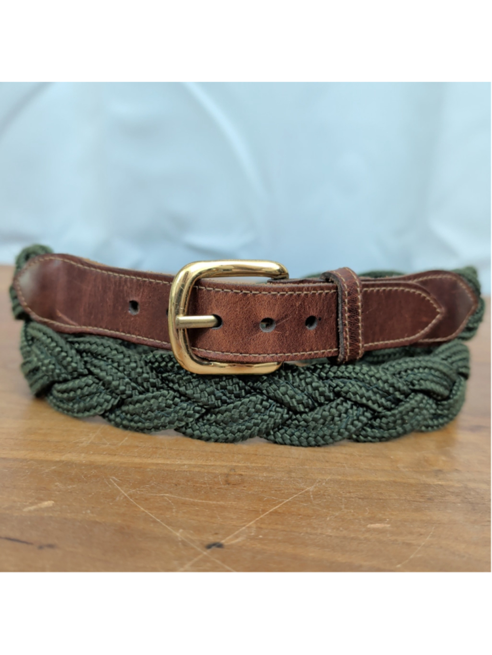 Vintage Green Woven Belt With Leather Trim 36